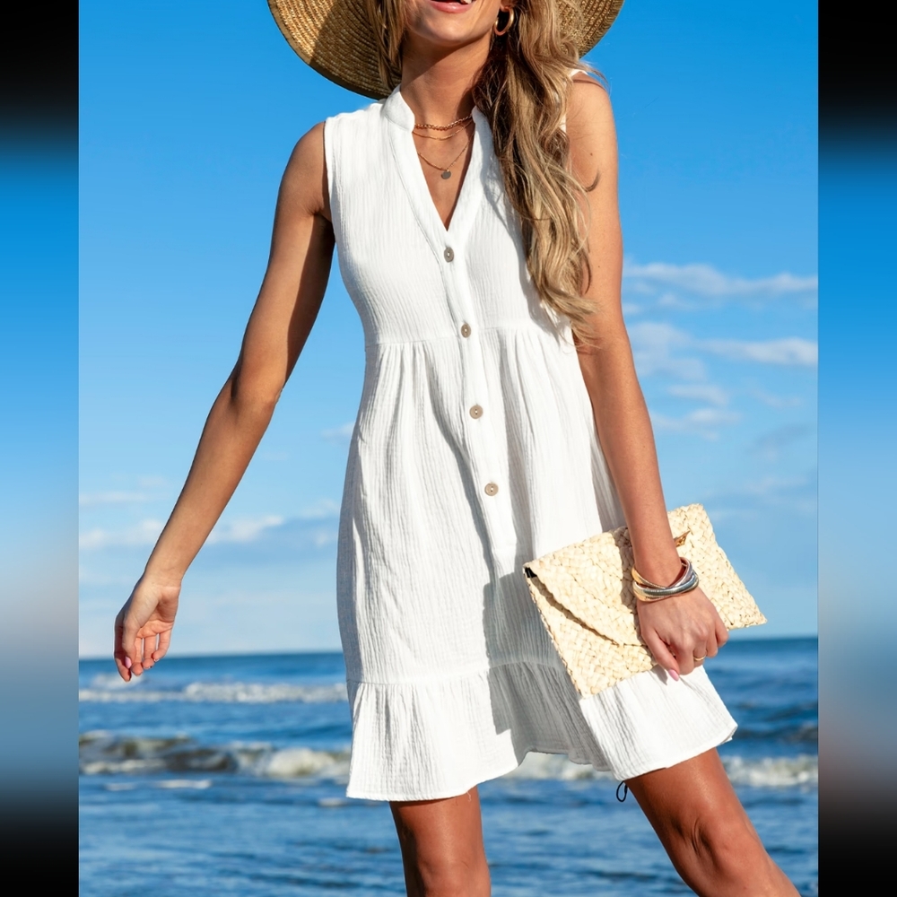 Cupshe Woman's Swimsuit Ruffle Hem Mini Cover Up Beach Dress ~ White - Picture 4 of 16